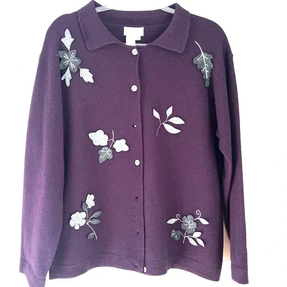 Vintage Coldwater Creek Purple Boiled Wool Appliqué leaves Jacket Coat sz PS - Picture 4 of 13